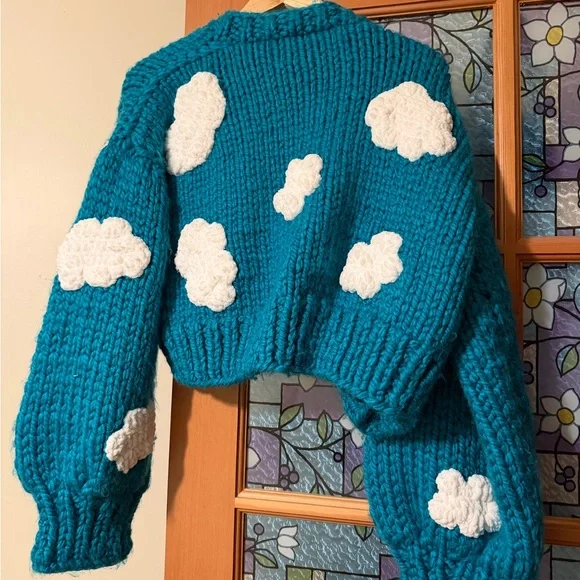 Teal Cloud Patterned Women Sweater - Picture 2 of 3